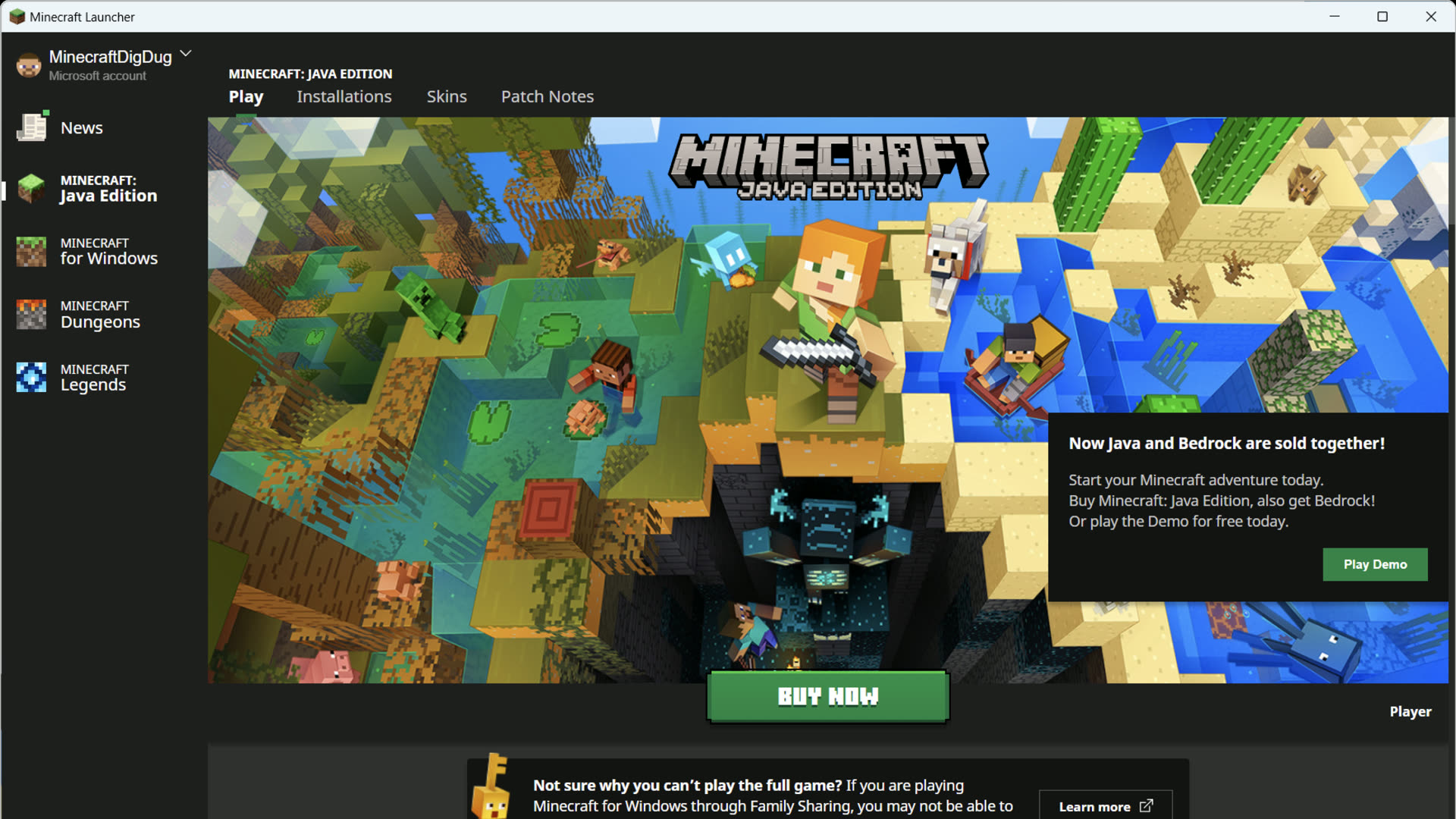 Java Edition Play screen in Minecraft Launcher