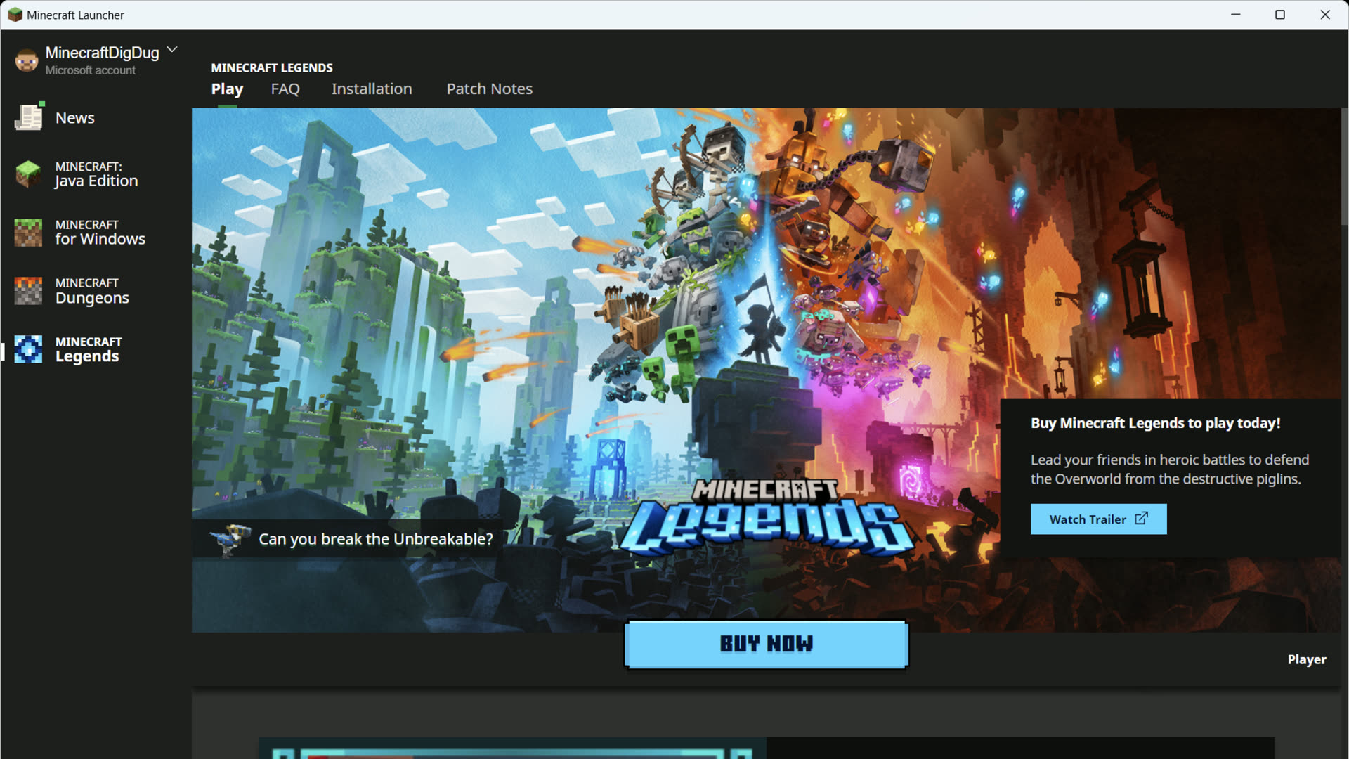 Minecraft Legends Play screen