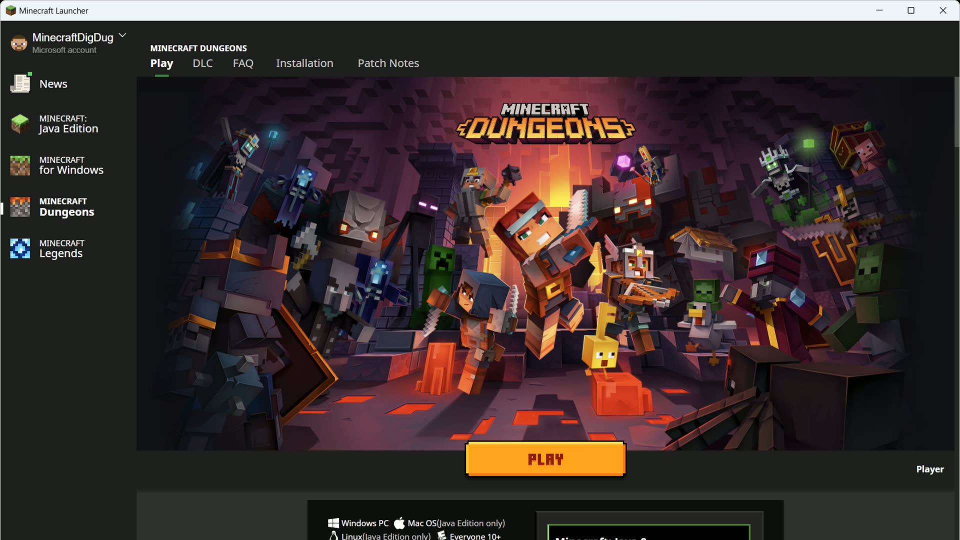 Official Minecraft Launcher home screen with edition navigation and Play button