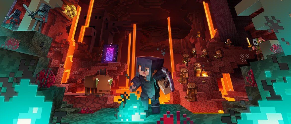 Official Minecraft Nether dimension artwork with fortresses and lava seas